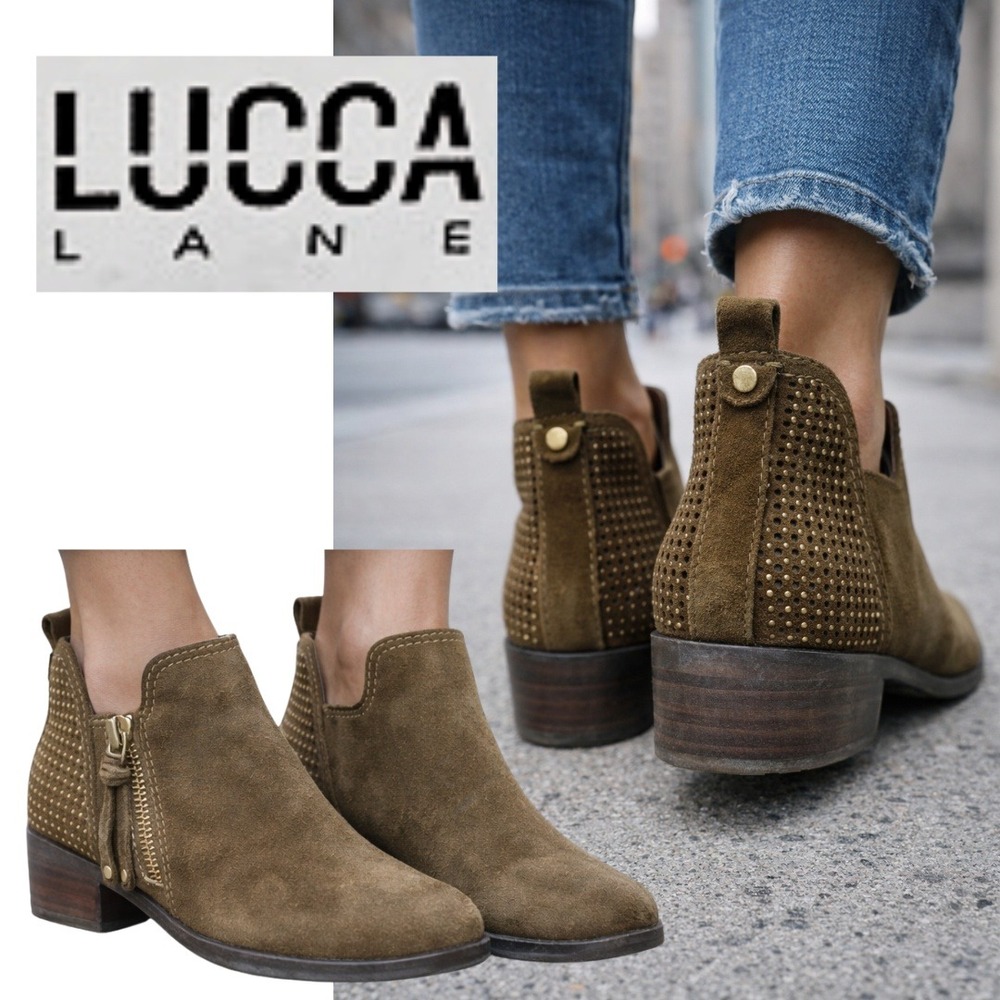 Lucca Lane, Syann Suede Studded Ankle Boots‎ Brown Side Zip Women Size 6.5